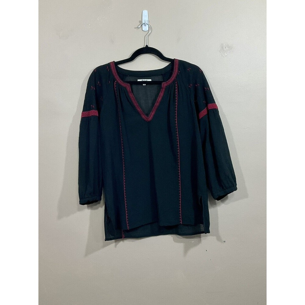 Madewell Womens Peasant Shirt Black Boho Embroidered Prairie Hippie Festival Med